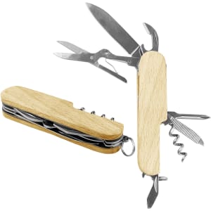 A wooden multi-tool knife featuring scissors, a corkscrew, and various blades, with a keyring attachment.