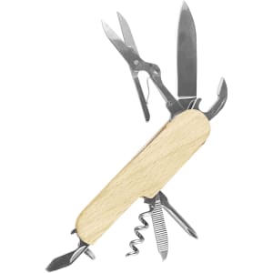 A compact multi-tool with a wooden handle, featuring various metal implements like scissors, a knife, and a corkscrew.