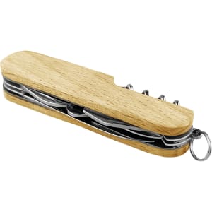 A wooden compact knife with multiple stainless steel tools and a keyring attachment.