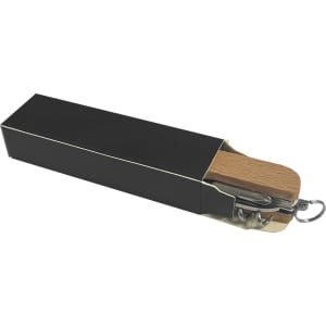 A compact knife with a wooden handle, packaged in a black box, featuring a keyring attachment.