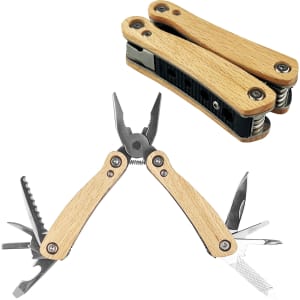 A compact multi-tool with wooden handles, featuring pliers and various tools folded into a sleek design.