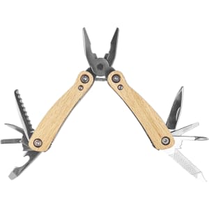 A compact multi-tool with silver metal components and wooden handles, featuring pliers and several additional tools.