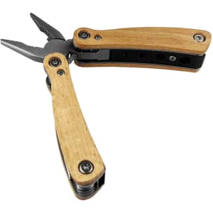 A compact knife with wooden handles and a black body featuring pliers and multiple tools. It includes a logo.