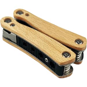 A compact knife with a wooden handle, featuring a black base and a variety of tool functions. It includes a logo.