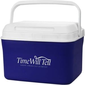 A cooler box in blue and white with a carry handle and a logo on the front.