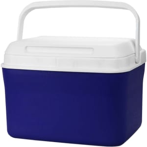 A cooler box with a navy blue body and a white lid, featuring a handle for easy carrying.