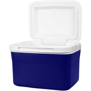 A blue cooler box with a white lid, featuring a sturdy design and a logo. Capacity of 4.5 litres.