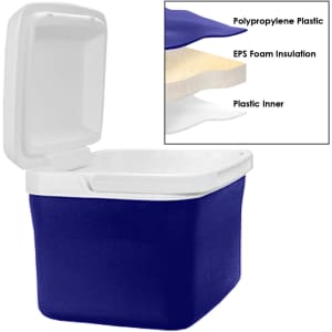 A cooler box in blue with a white lid, featuring lightweight polypropylene plastic and insulation layers.