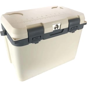 A cream and grey cooler box with a secure latch and measuring gauge on the lid. It features a logo on the side.