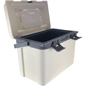 A 15L cooler box in cream and grey, featuring a lid and sturdy closure clips. It has a branding logo on the side.