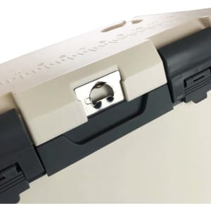 A light cream-coloured cooler box with a black latch and branding on the lid.