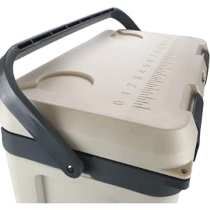 A beige cooler box with a grey handle and measurement markings on the lid. The box has a logo on it.