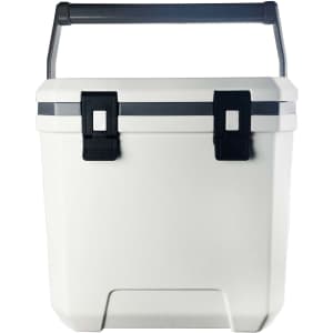 A white cooler box with a grey strap and black latches, featuring a sturdy handle. It has a branding logo.