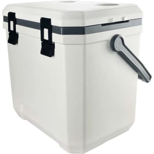 A white cooler box with grey accents and handles, featuring a secure latch system.