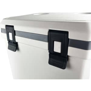A cooler box with a grey exterior featuring black latches and a sleek design. It includes a branding logo.
