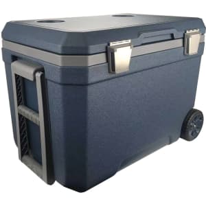 A navy blue rolling cooler box with a handle and wheels, designed for easy transport. It features a sturdy build and a logo.