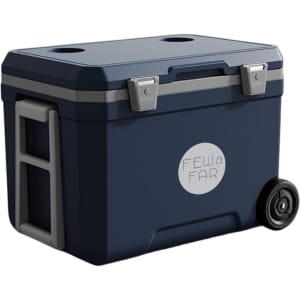 A navy blue rolling cooler box with a handle and wheels, featuring a logo and two cup holders on the lid.