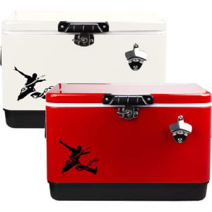 A red and white metal ice cooler box with a black logo, featuring a secure lid and side handles.
