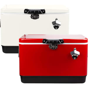 A red and white metal ice cooler box, featuring a black base and a locking mechanism. It has a logo on the front.