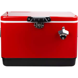 A red metal ice cooler box with a black base and silver latch, designed for outdoor use.