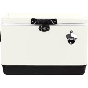 A white and black metal ice cooler box with a secure lid and a bottle opener attachment.
