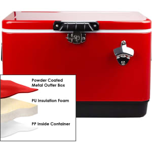 A red metal ice cooler box with a silver latch, featuring an insulated interior and a black base.