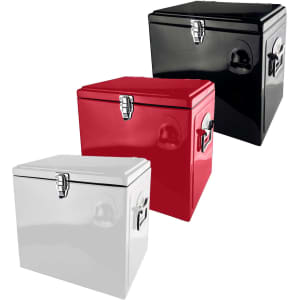 A metal ice cooler box set featuring red, black, and white colours, with secure latches and a glossy finish.