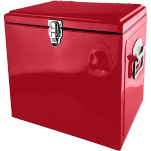A red metal ice cooler box with a shiny finish, featuring a secure latch and a handle.