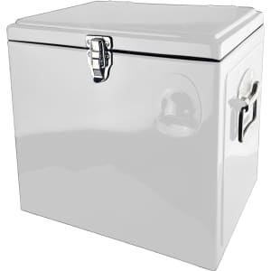 A white metal ice cooler box with a chrome latch and handle, featuring a logo on the side.
