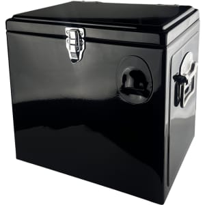 A black metal ice cooler box with chrome handles and clasps, designed for leisure and outdoor use.