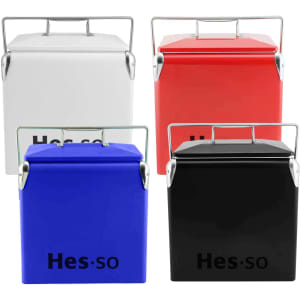 A set of four retro metal ice cooler boxes in white, red, blue, and black, each with a handle and logo.