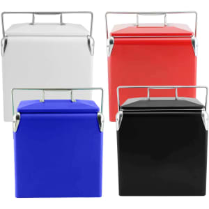 A collection of four retro metal ice cooler boxes in white, red, blue, and black with handles and a sleek design.