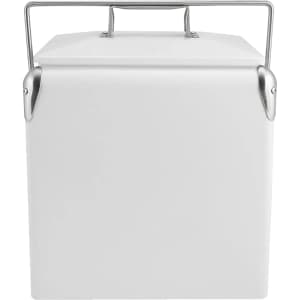 A white metal cooler box with a stainless steel handle. The design is sleek and retro-inspired.