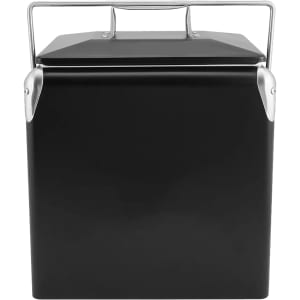 A black retro metal ice cooler box with a silver handle and lid, featuring a simple, sleek design.
