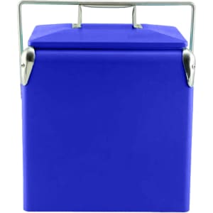 A blue retro metal ice cooler box with a silver handle and lid. It has a simple, square design.