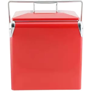 A retro red metal ice cooler box with a silver handle, designed for storing food and drinks.