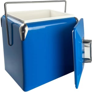 A blue retro metal ice cooler box with a silver handle and lid, featuring a white interior.