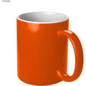 An orange coffee mug with a glossy finish and a white interior, featuring a handle and branding.
