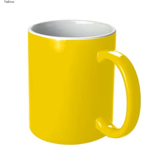 A yellow coffee mug with a glossy finish and a white interior, featuring a handle and a branding logo.