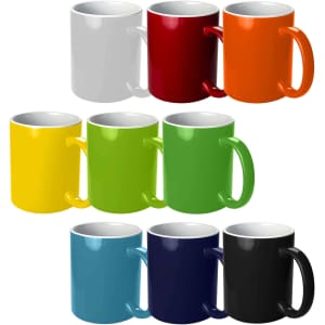 A set of coffee mugs in various bright colours, including white, red, orange, yellow, green, blue, black, and navy, with contrasting insides.