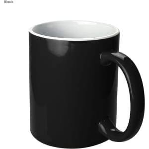 A black coffee mug with a glossy finish and a contrasting white interior, featuring a handle and a branding logo.