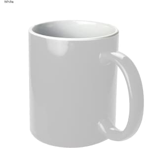 A coffee mug in glossy white ceramic with a smooth handle and a simple, classic design.