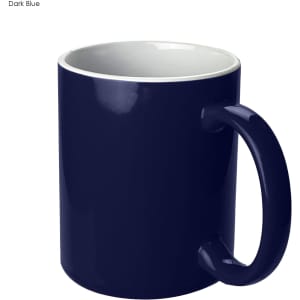 A dark blue coffee mug with a glossy finish and a white interior, featuring a handle and a logo.