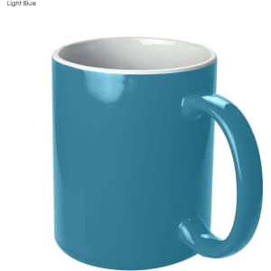 A light blue coffee mug with a glossy finish and a coloured handle, featuring a logo.