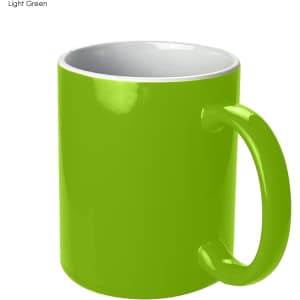 A light green coffee mug with a glossy finish and a contrasting white interior, featuring a handle and branding.