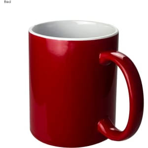 A red coffee mug with a glossy finish and a contrasting white interior. It features a rounded handle and a logo.