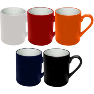 A set of five coffee mugs in white, red, orange, navy, and black, featuring handles and a logo.