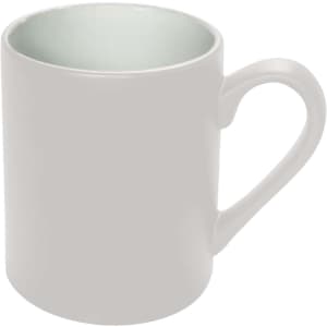 A coffee mug in a light grey exterior with a white interior. It features a handle and a smooth finish, with a logo.