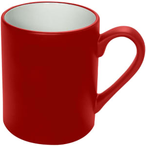A red coffee mug with a smooth finish and a handle, featuring a contrasting interior colour.