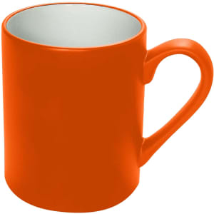 An orange coffee mug with a smooth finish and a contrasting interior. It features a handle and a simple design.